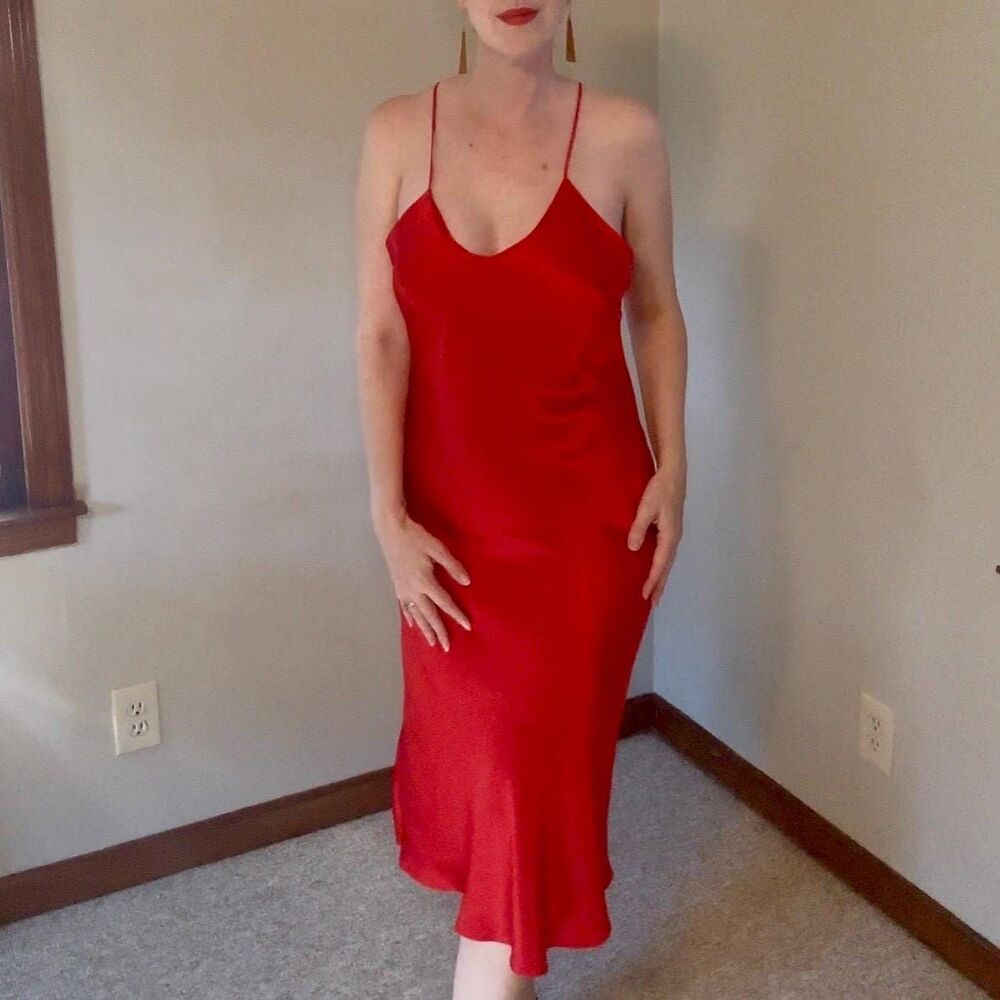 Vintage 90s Red Minimalist Silk Slip Dress Size Medium
